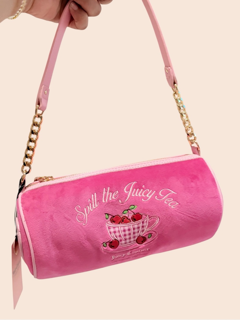 Viral Juicy Couture "Spill the Juicy Tea" Pink Velour Barrel Bag 🍒 Y2K inspired